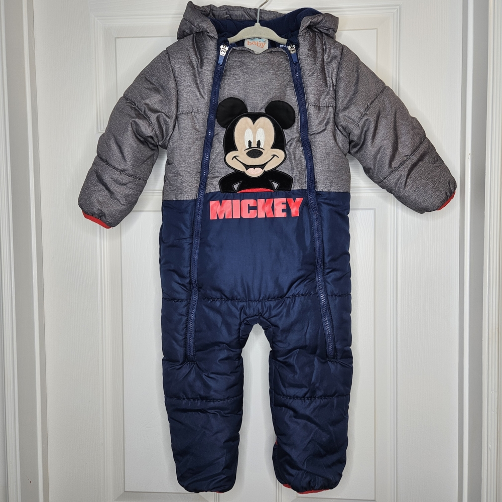 NWOT Disney Mickey Mouse Baby Snowsuit 18-24M Winter Bunting Suit Gray Blue Cozy